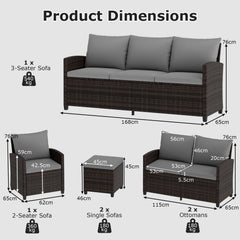 6 Pieces 9 Seats Patio Furniture Set with 3-Seat Sofa Loveseat Chair and 2 Ottomans-Grey