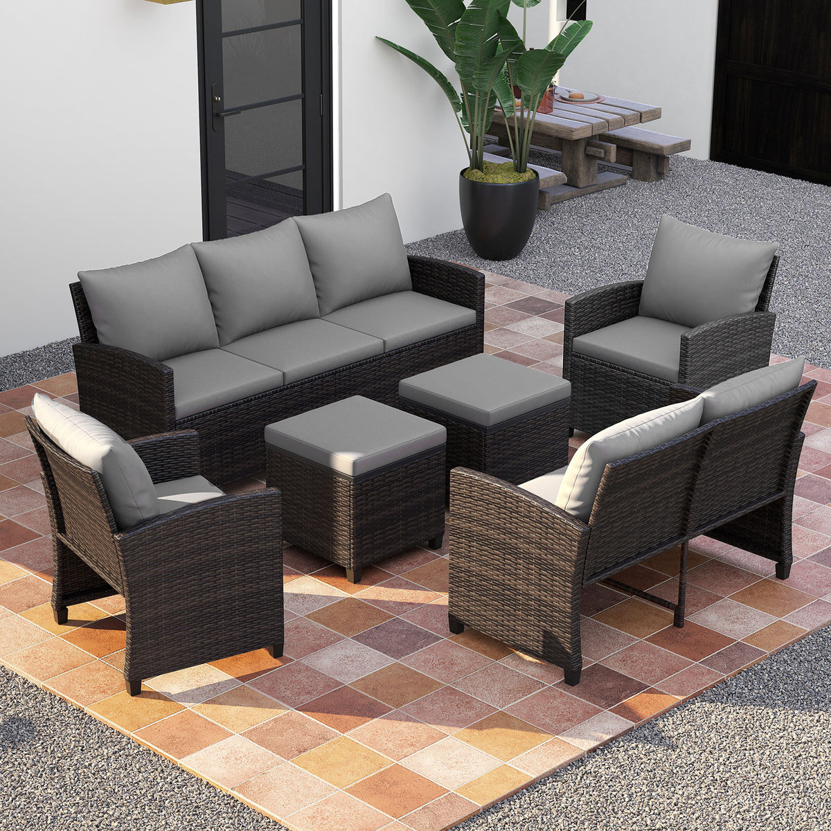 6 Pieces 9 Seats Patio Furniture Set with 3-Seat Sofa Loveseat Chair and 2 Ottomans-Grey
