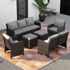 6 Pieces 9 Seats Patio Furniture Set with 3-Seat Sofa Loveseat Chair and 2 Ottomans-Grey