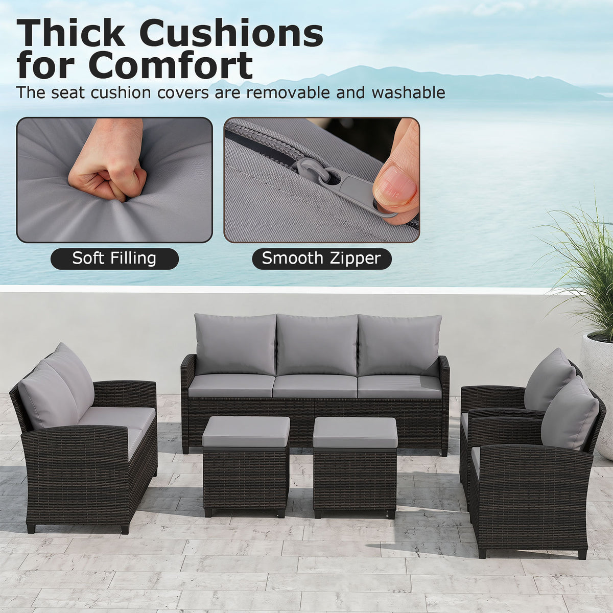 6 Pieces 9 Seats Patio Furniture Set with 3-Seat Sofa Loveseat Chair and 2 Ottomans-Grey