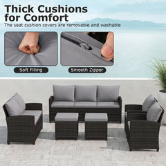 6 Pieces 9 Seats Patio Furniture Set with 3-Seat Sofa Loveseat Chair and 2 Ottomans-Grey