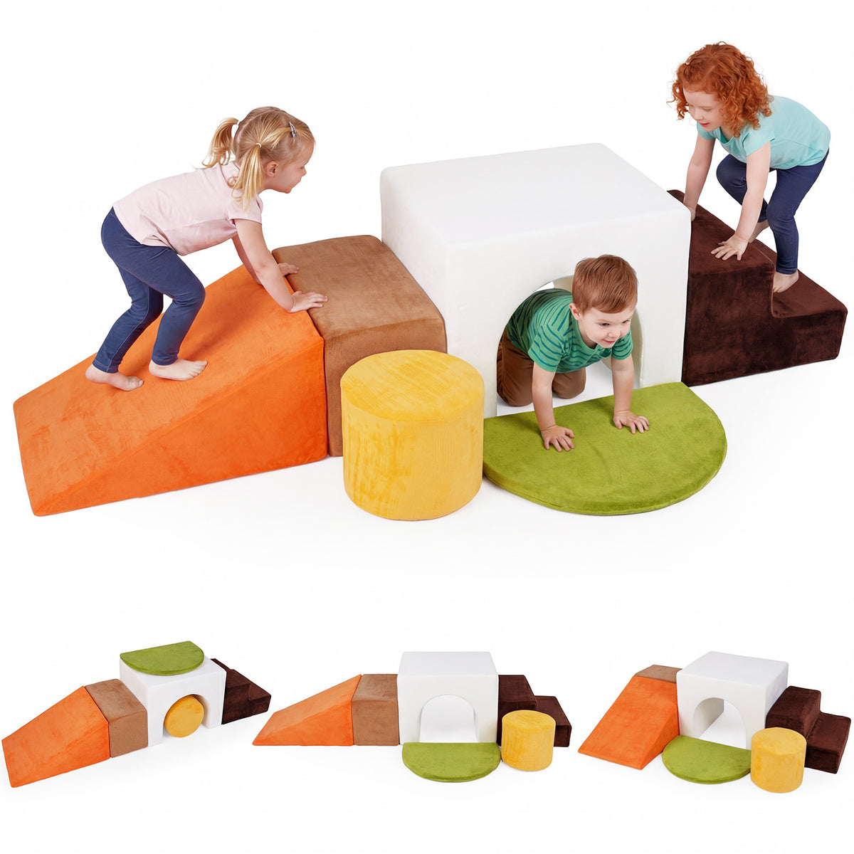 6 Pieces Foam Climbing Blocks for Kids with Slide and Tunnel for Toddlers 3+-White