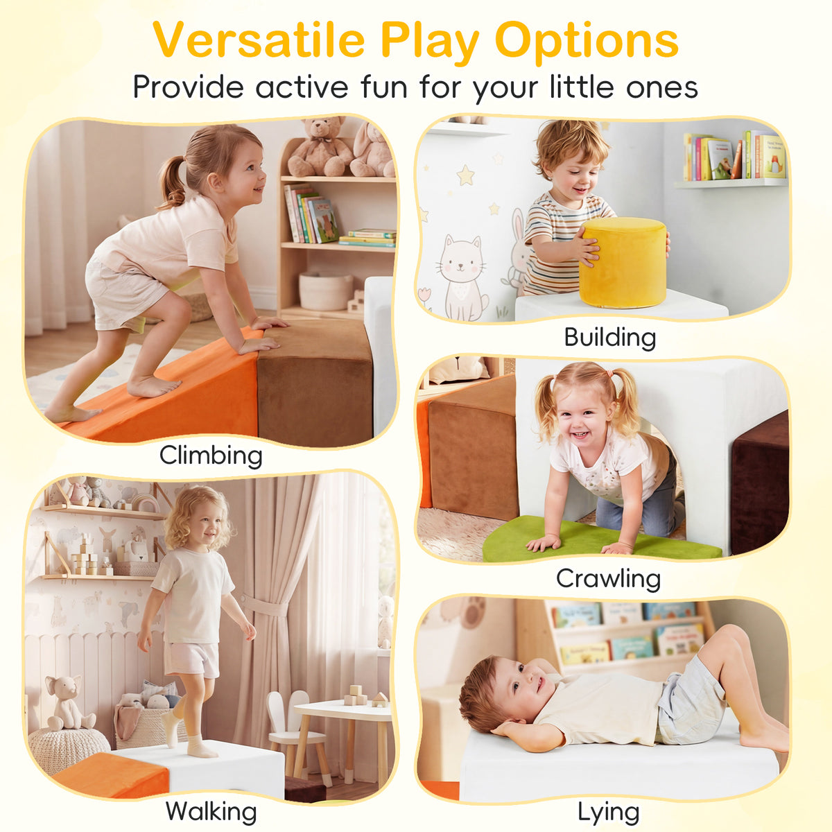 6 Pieces Foam Climbing Blocks for Kids with Slide and Tunnel for Toddlers 3+-White