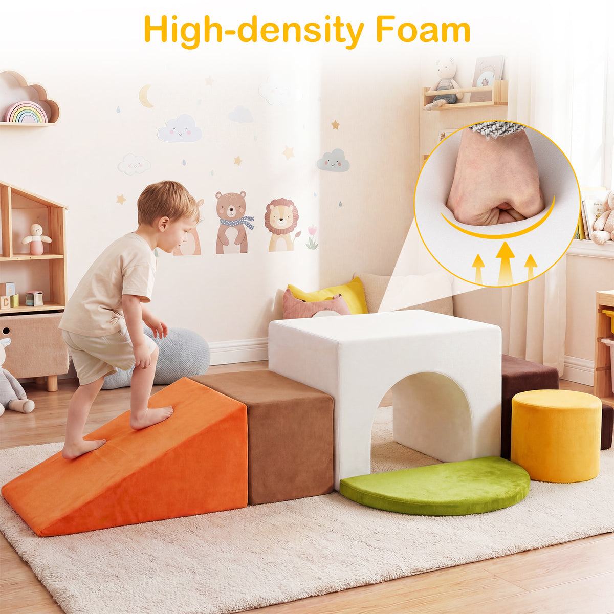 6 Pieces Foam Climbing Blocks for Kids with Slide and Tunnel for Toddlers 3+-White