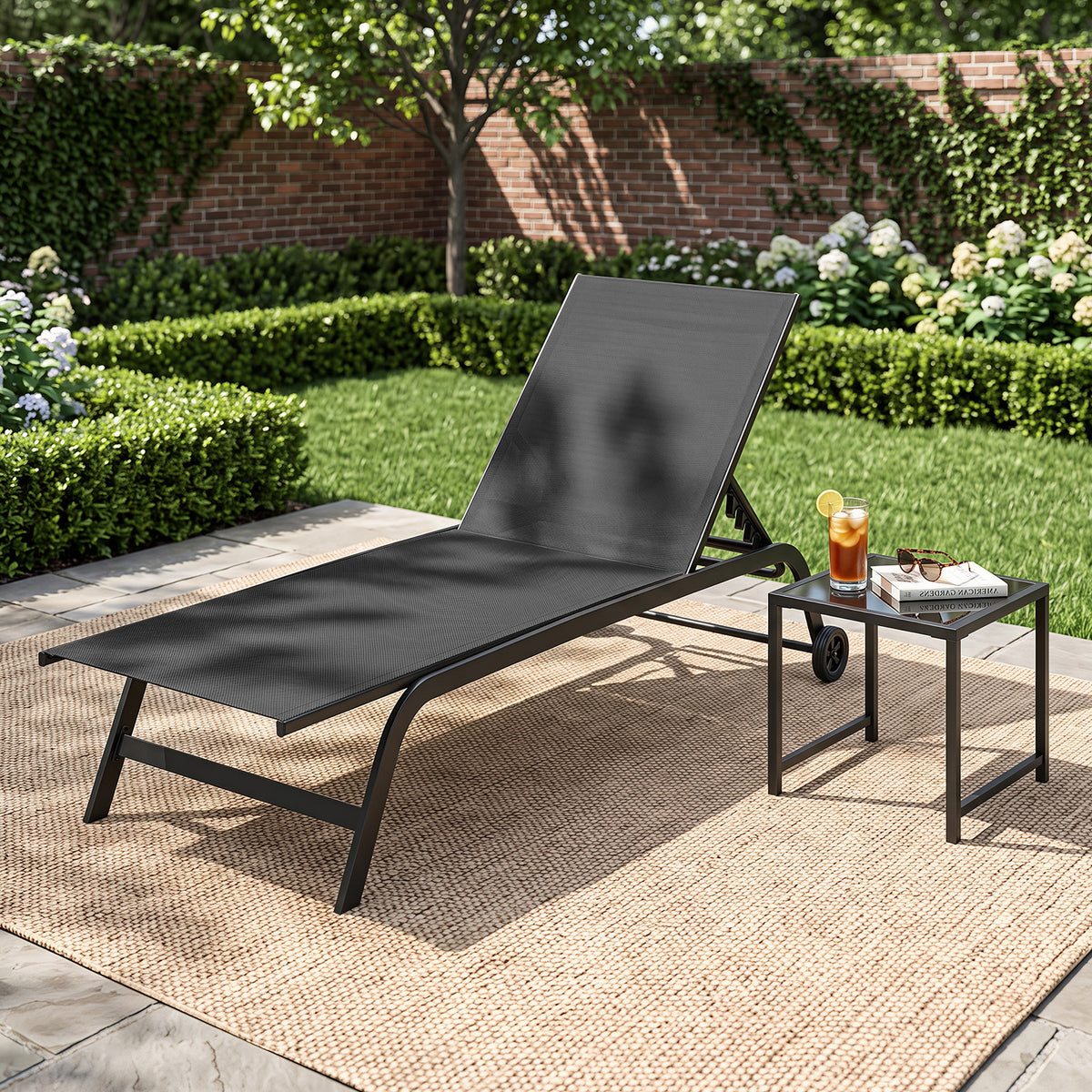 6-Position Outdoor Chaise Lounge Chair Set with Wheels and 180° Full Flat-Black