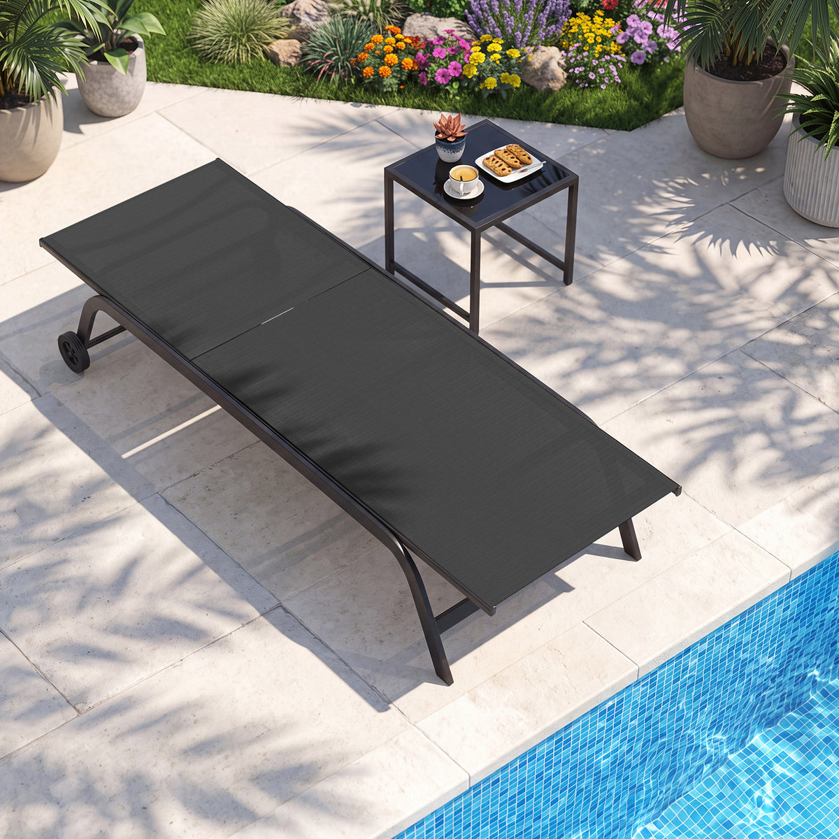6-Position Outdoor Chaise Lounge Chair Set with Wheels and 180° Full Flat-Black