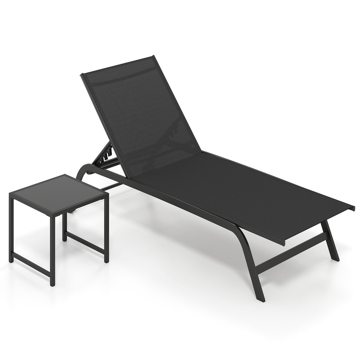 6-Position Outdoor Chaise Lounge Chair Set with Wheels and 180° Full Flat-Black