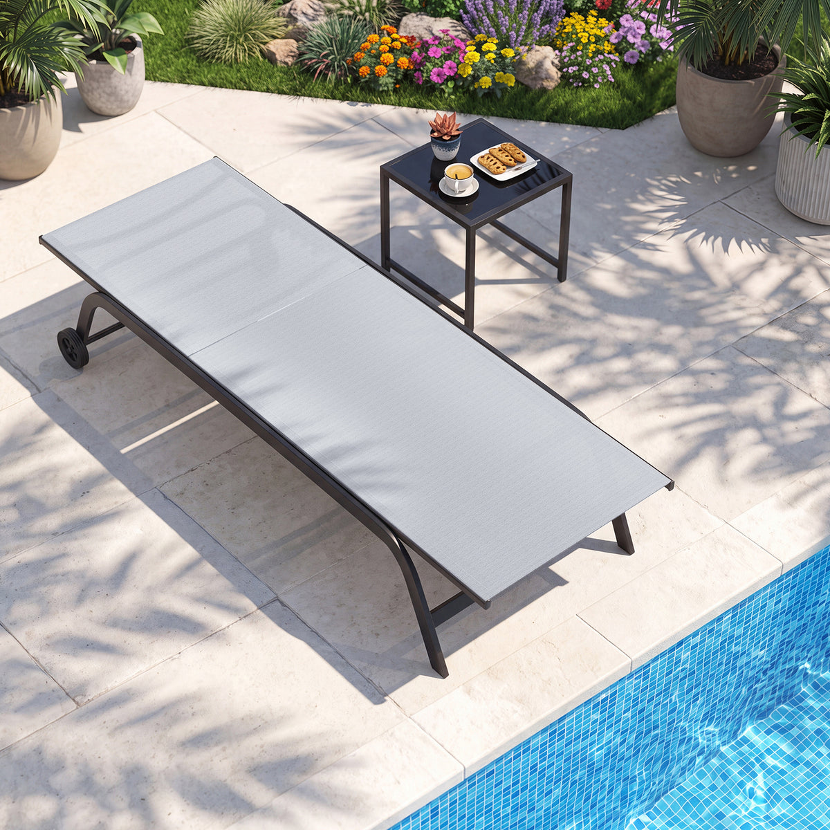 6-Position Outdoor Chaise Lounge Chair Set with Wheels and 180° Full Flat-Grey