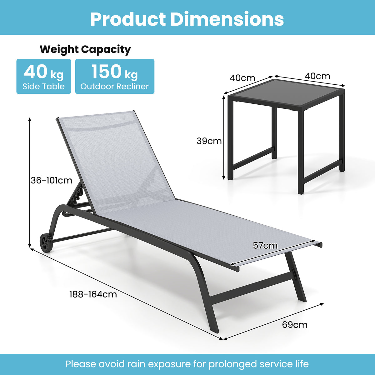 6-Position Outdoor Chaise Lounge Chair Set with Wheels and 180° Full Flat-Grey