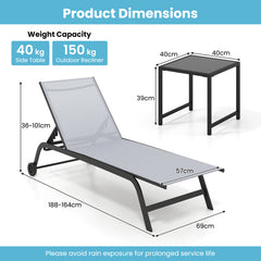 6-Position Outdoor Chaise Lounge Chair Set with Wheels and 180° Full Flat-Grey