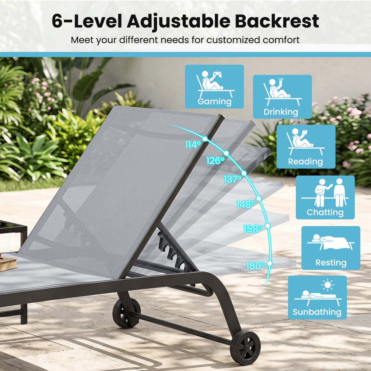 6-Position Outdoor Chaise Lounge Chair Set with Wheels and 180° Full Flat-Grey