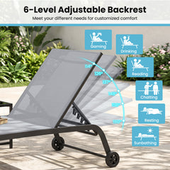6-Position Outdoor Chaise Lounge Chair Set with Wheels and 180° Full Flat-Grey