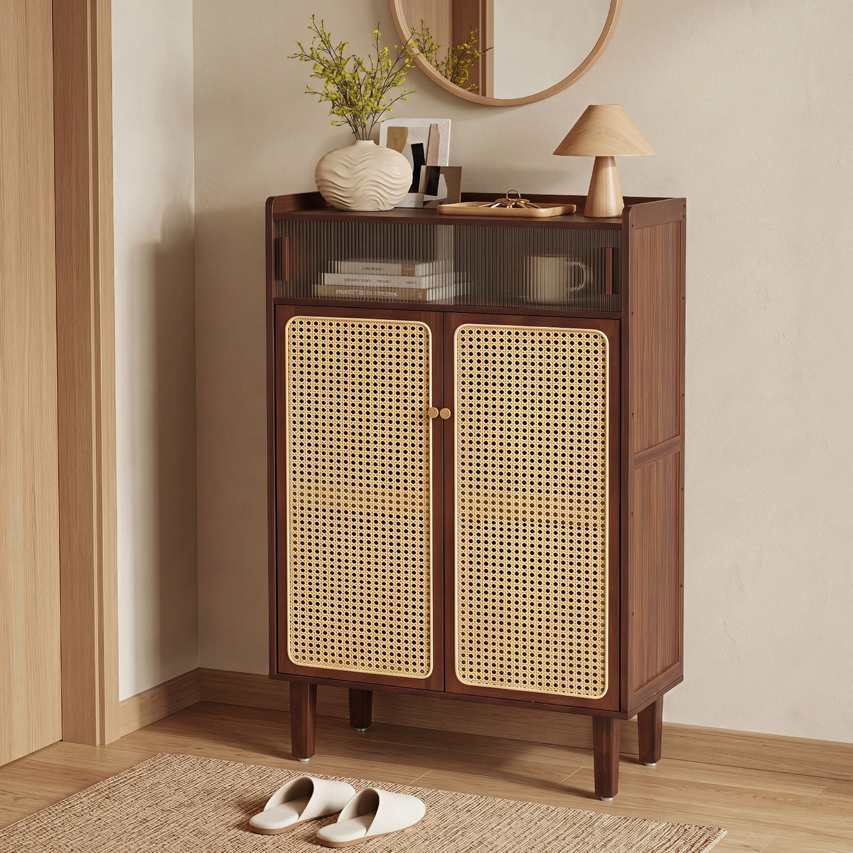 6-Tier Bamboo Shoe Cabinet with Woven Rattan Doors Shelves and Sliding Doors-Walnut