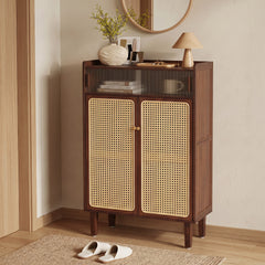 6-Tier Bamboo Shoe Cabinet with Woven Rattan Doors Shelves and Sliding Doors-Walnut