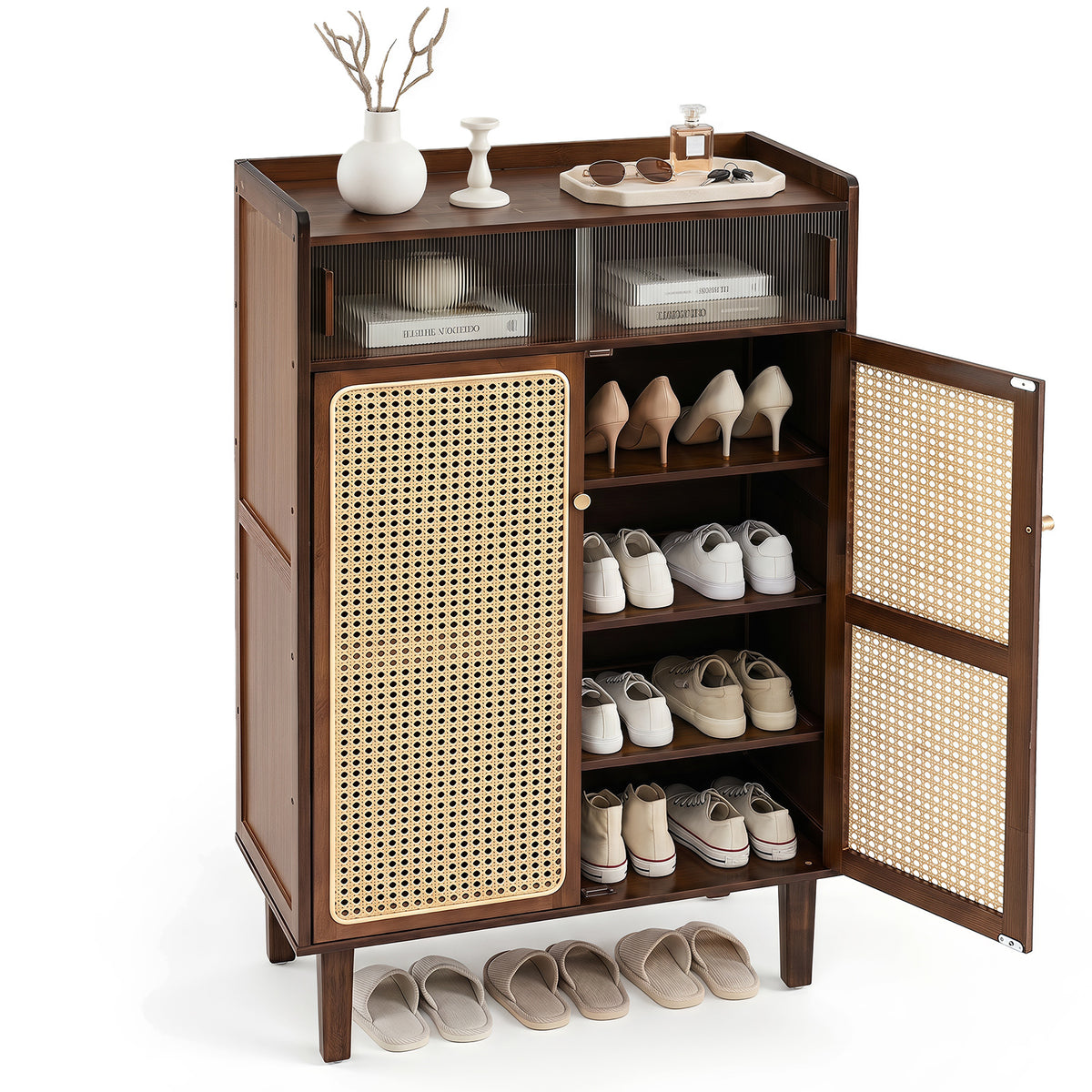 6-Tier Bamboo Shoe Cabinet with Woven Rattan Doors Shelves and Sliding Doors-Walnut