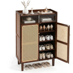 6-Tier Bamboo Shoe Cabinet with Woven Rattan Doors Shelves and Sliding Doors-Walnut