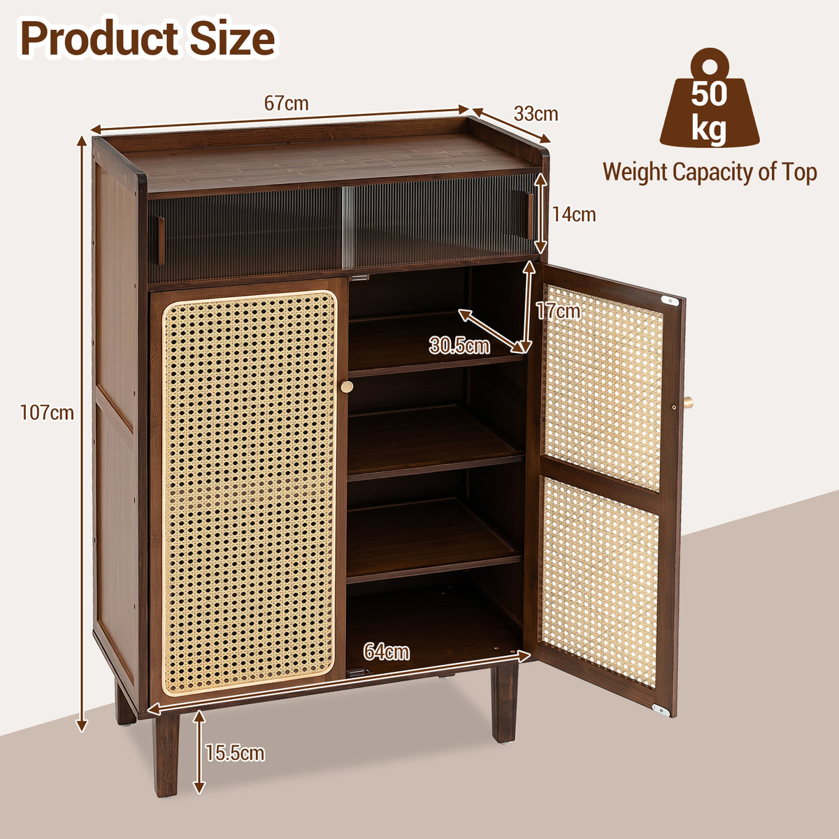 6-Tier Bamboo Shoe Cabinet with Woven Rattan Doors Shelves and Sliding Doors-Walnut