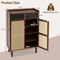 6-Tier Bamboo Shoe Cabinet with Woven Rattan Doors Shelves and Sliding Doors-Walnut