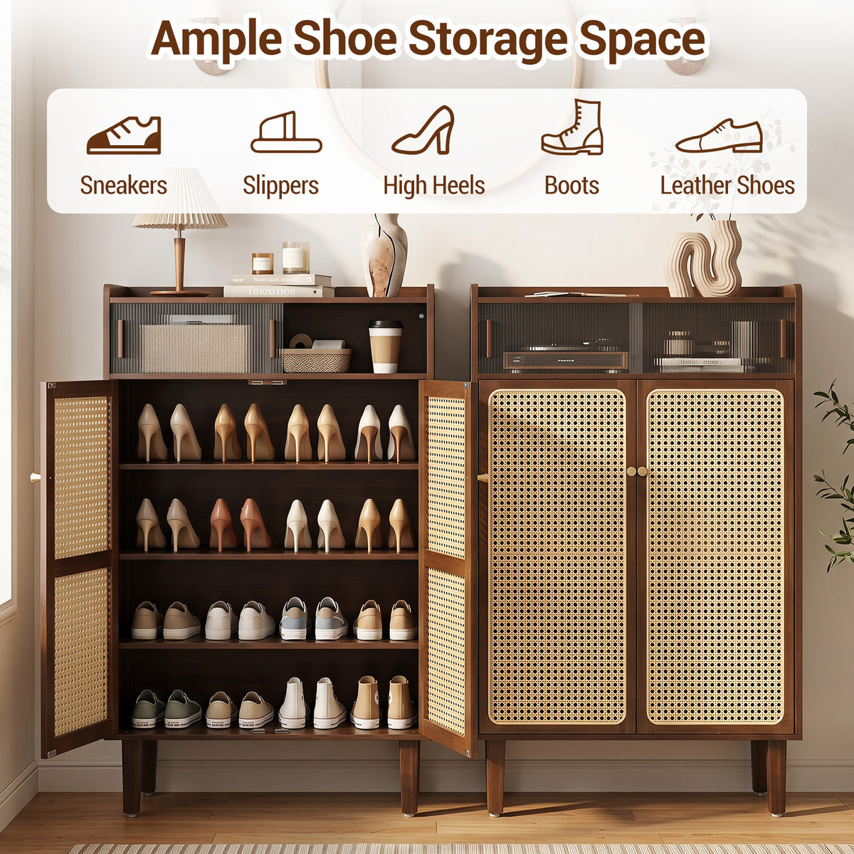 6-Tier Bamboo Shoe Cabinet with Woven Rattan Doors Shelves and Sliding Doors-Walnut
