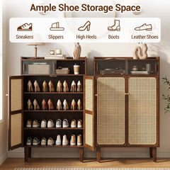 6-Tier Bamboo Shoe Cabinet with Woven Rattan Doors Shelves and Sliding Doors-Walnut