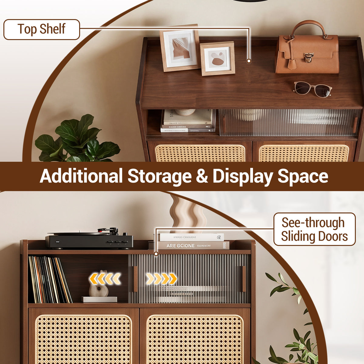 6-Tier Bamboo Shoe Cabinet with Woven Rattan Doors Shelves and Sliding Doors-Walnut