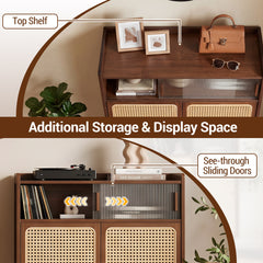 6-Tier Bamboo Shoe Cabinet with Woven Rattan Doors Shelves and Sliding Doors-Walnut