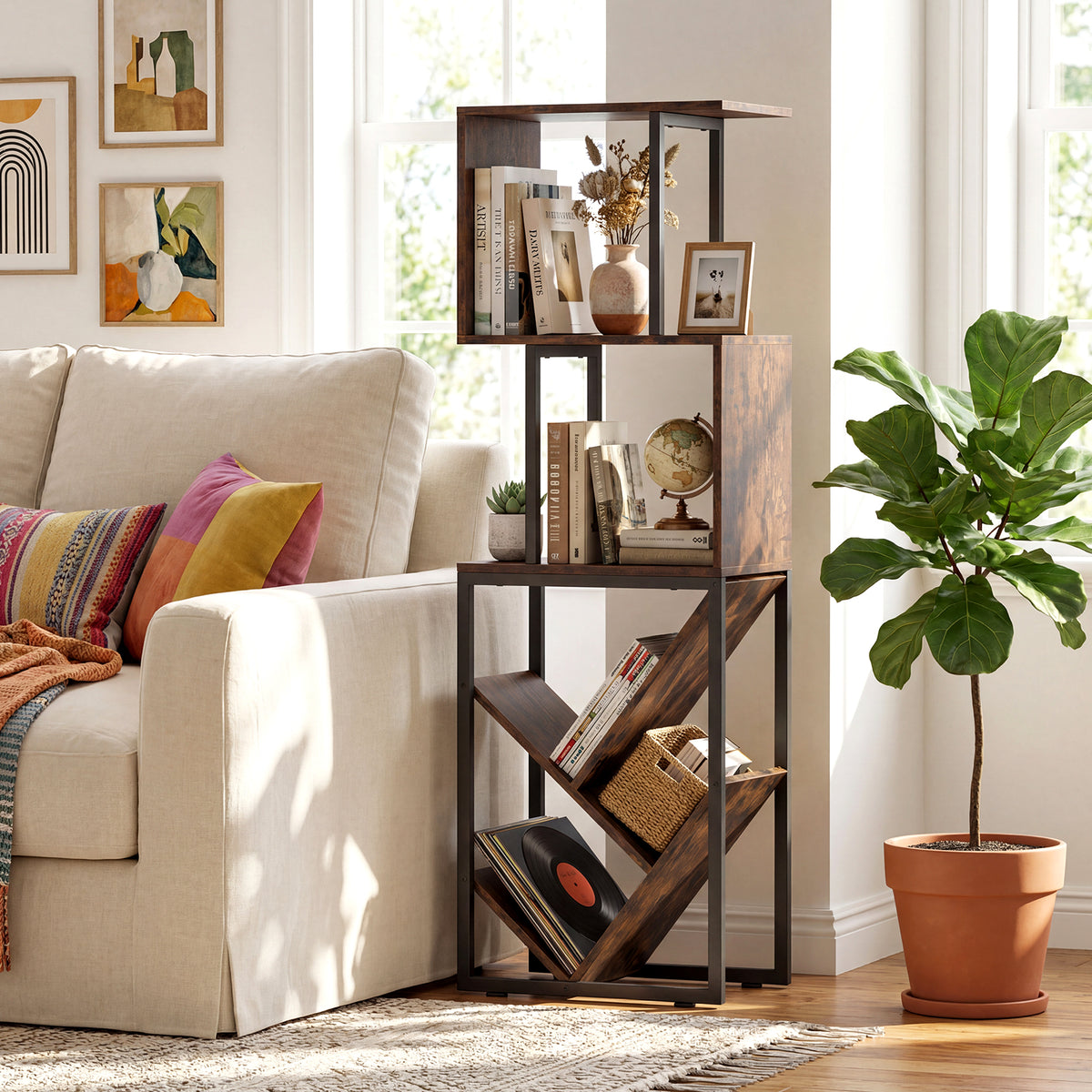 6-Tier Bookshelf with Open Display Shelves for Living Room-Rustic Brown