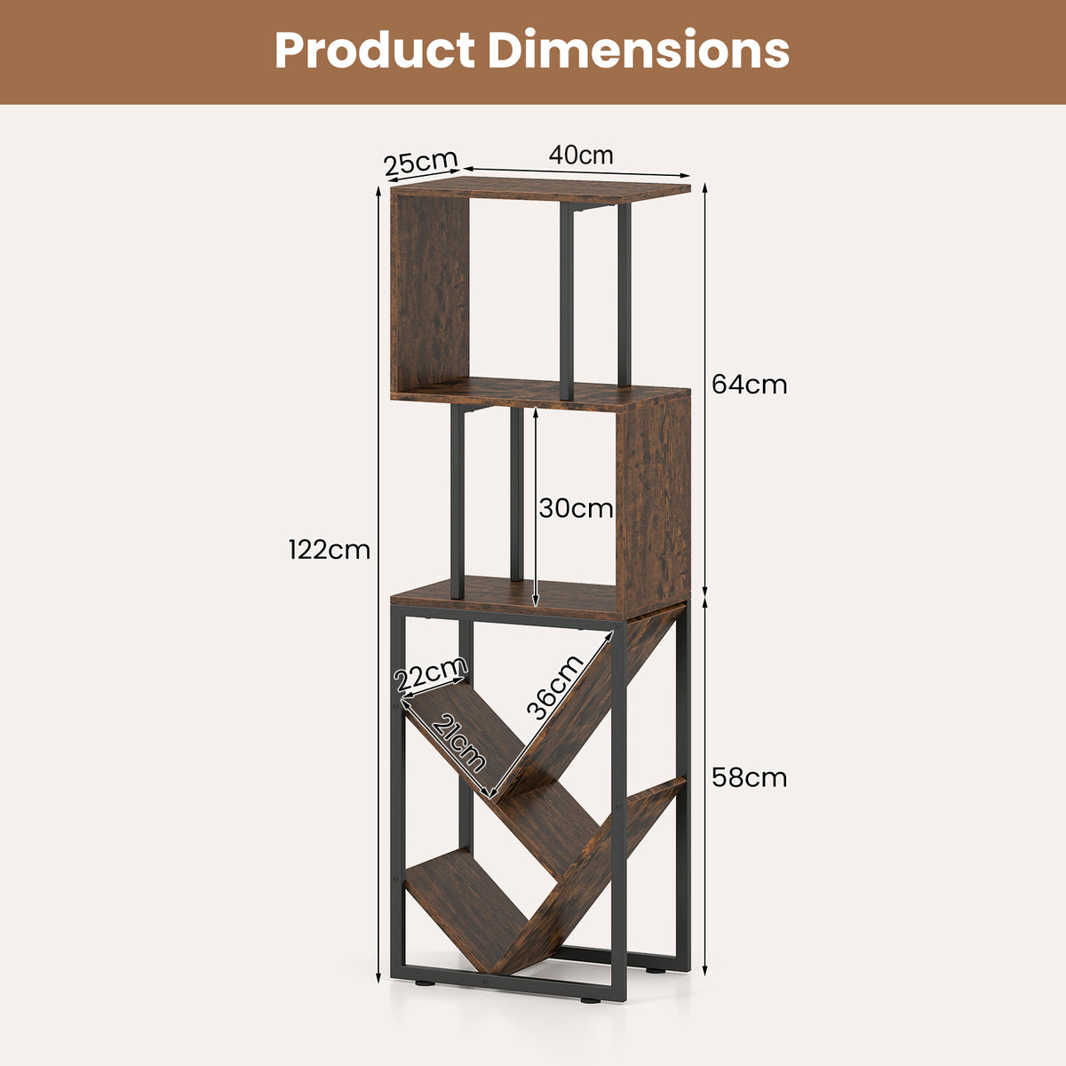 6-Tier Bookshelf with Open Display Shelves for Living Room-Rustic Brown