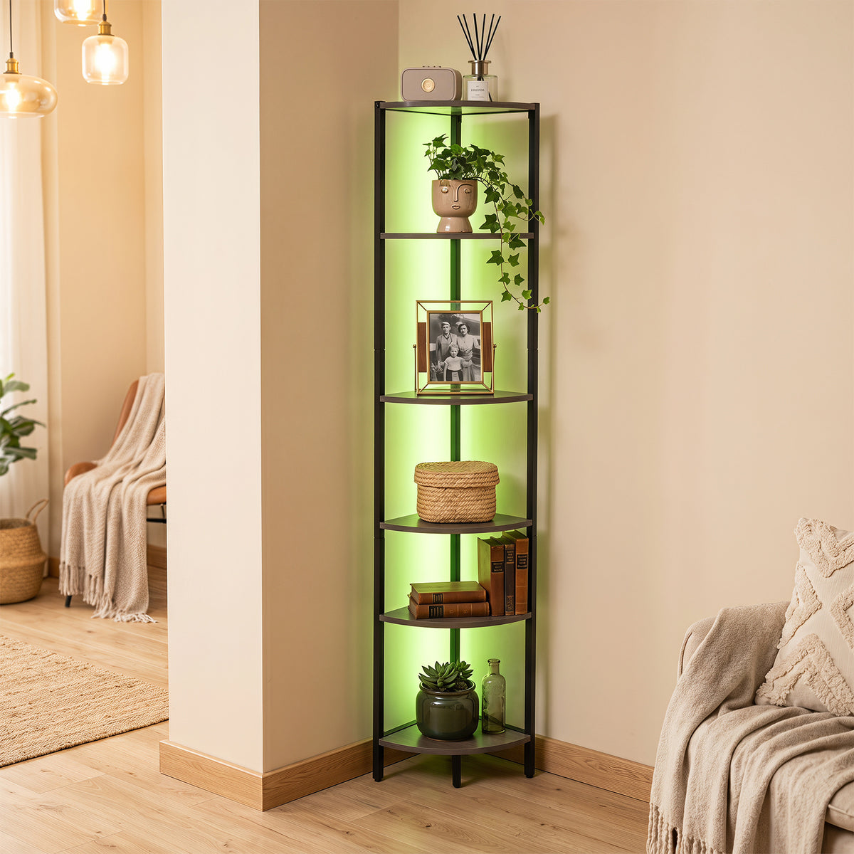 6-Tier Corner Shelf 68 inch Tall Narrow Display Bookshelf with LED Lights-Grey