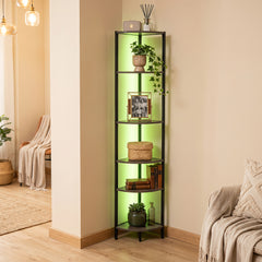 6-Tier Corner Shelf 68 inch Tall Narrow Display Bookshelf with LED Lights-Grey