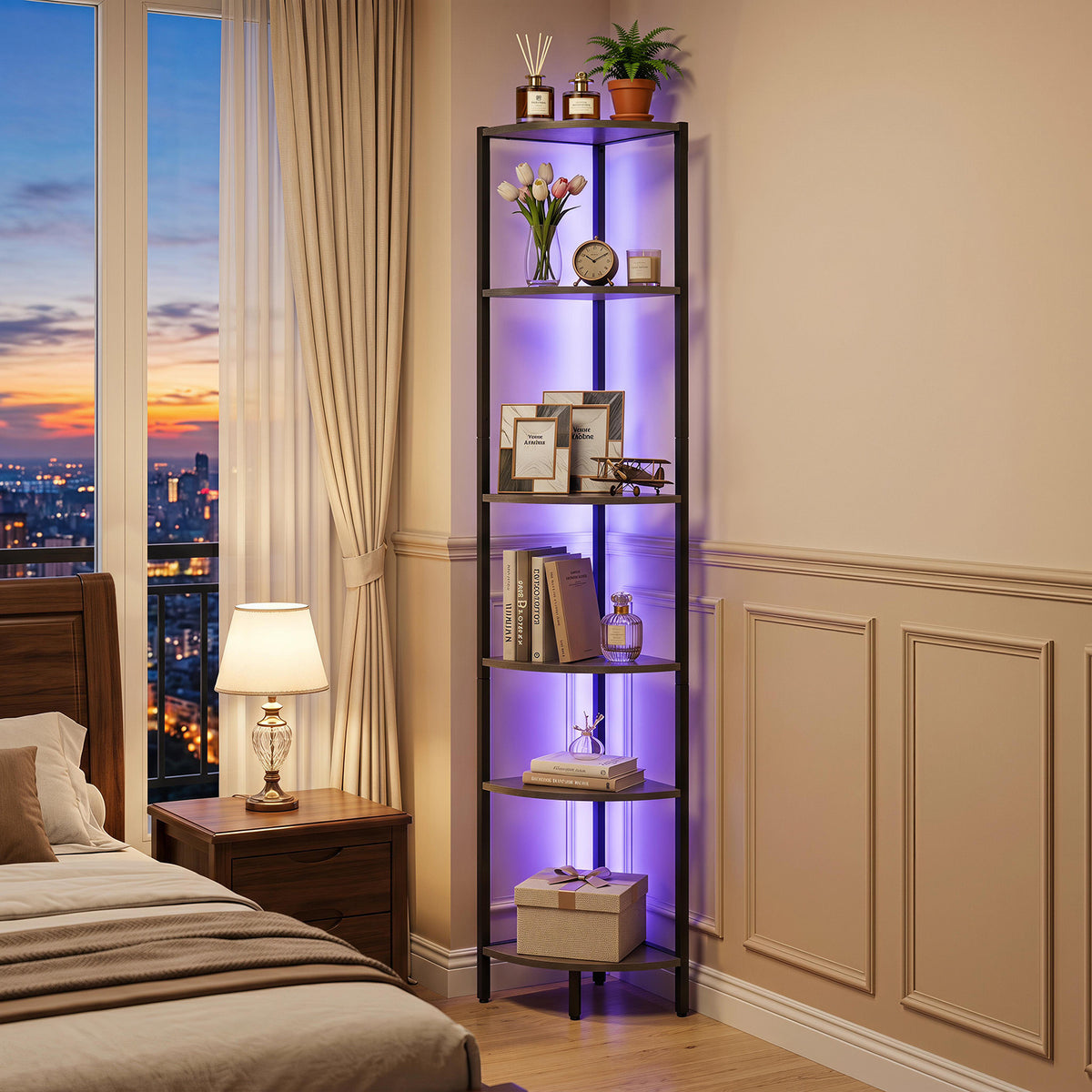 6-Tier Corner Shelf 68 inch Tall Narrow Display Bookshelf with LED Lights-Grey