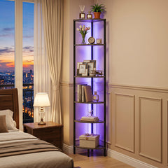 6-Tier Corner Shelf 68 inch Tall Narrow Display Bookshelf with LED Lights-Grey