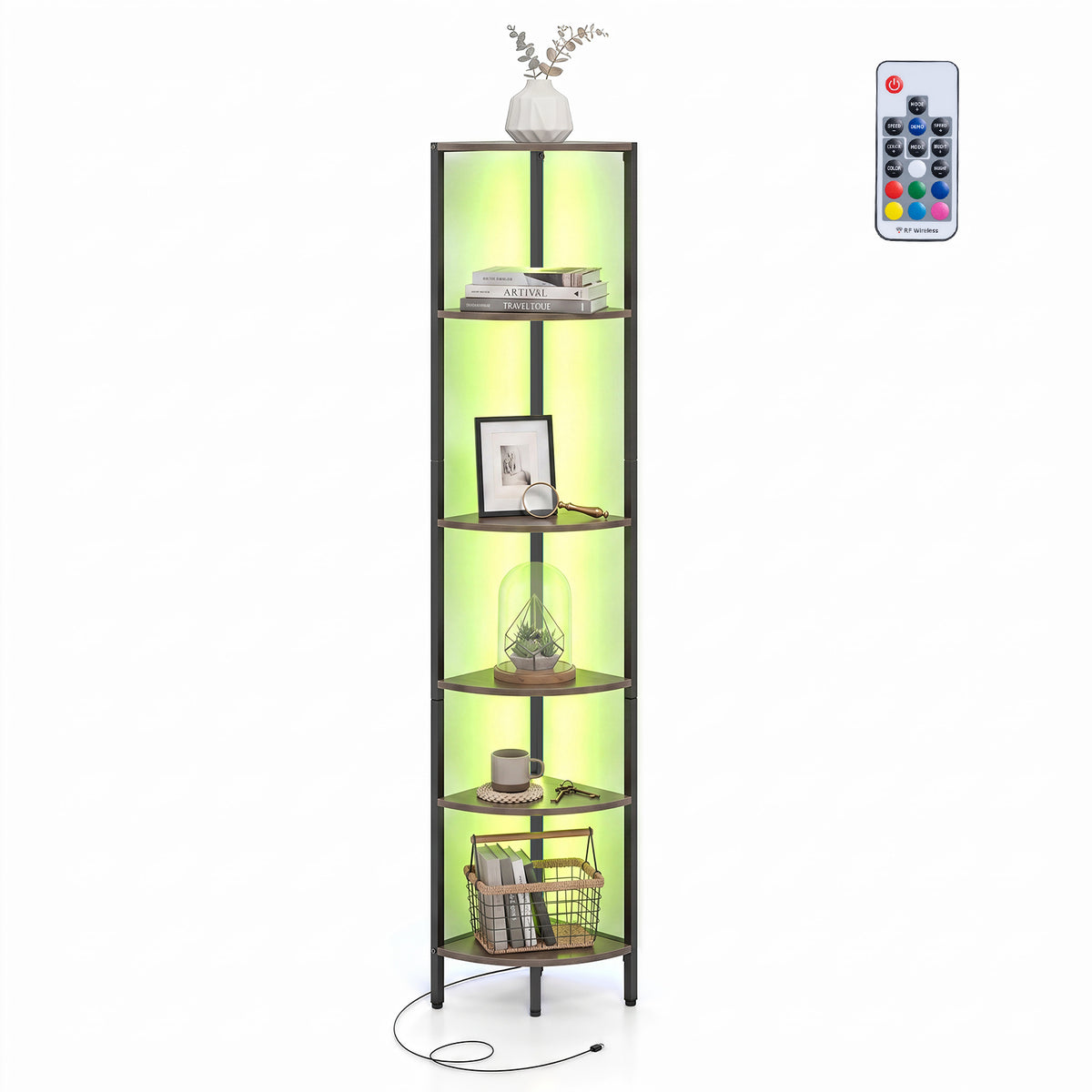 6-Tier Corner Shelf 68 inch Tall Narrow Display Bookshelf with LED Lights-Grey