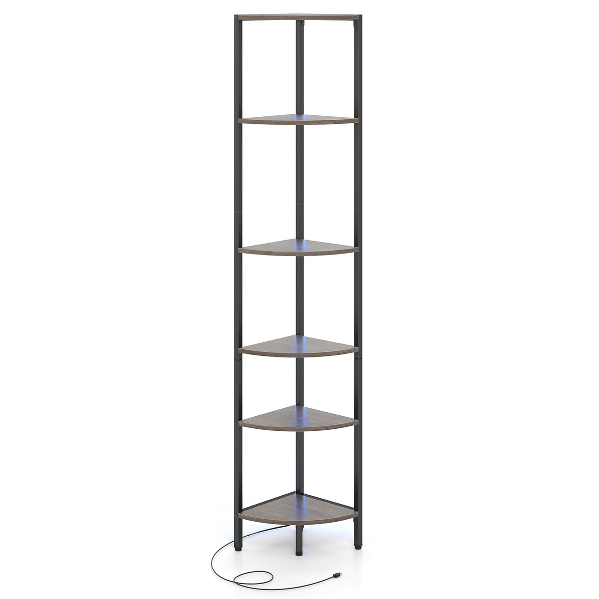 6-Tier Corner Shelf 68 inch Tall Narrow Display Bookshelf with LED Lights-Grey