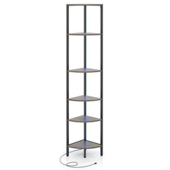 6-Tier Corner Shelf 68 inch Tall Narrow Display Bookshelf with LED Lights-Grey
