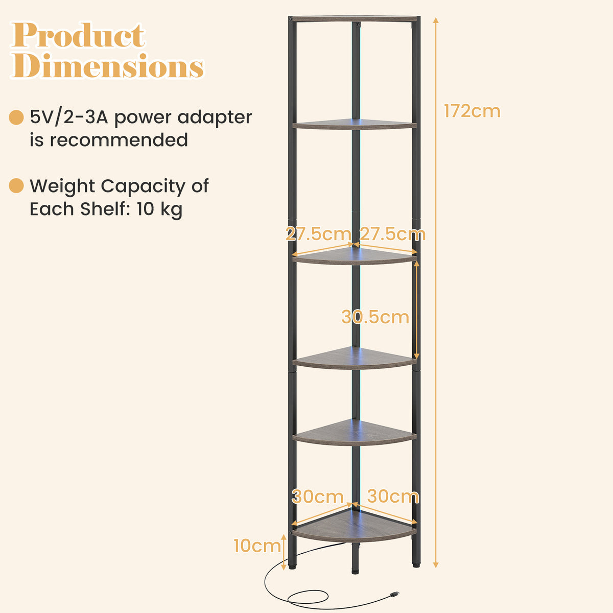 6-Tier Corner Shelf 68 inch Tall Narrow Display Bookshelf with LED Lights-Grey
