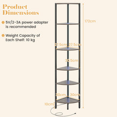 6-Tier Corner Shelf 68 inch Tall Narrow Display Bookshelf with LED Lights-Grey