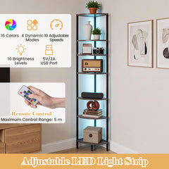 6-Tier Corner Shelf 68 inch Tall Narrow Display Bookshelf with LED Lights-Grey
