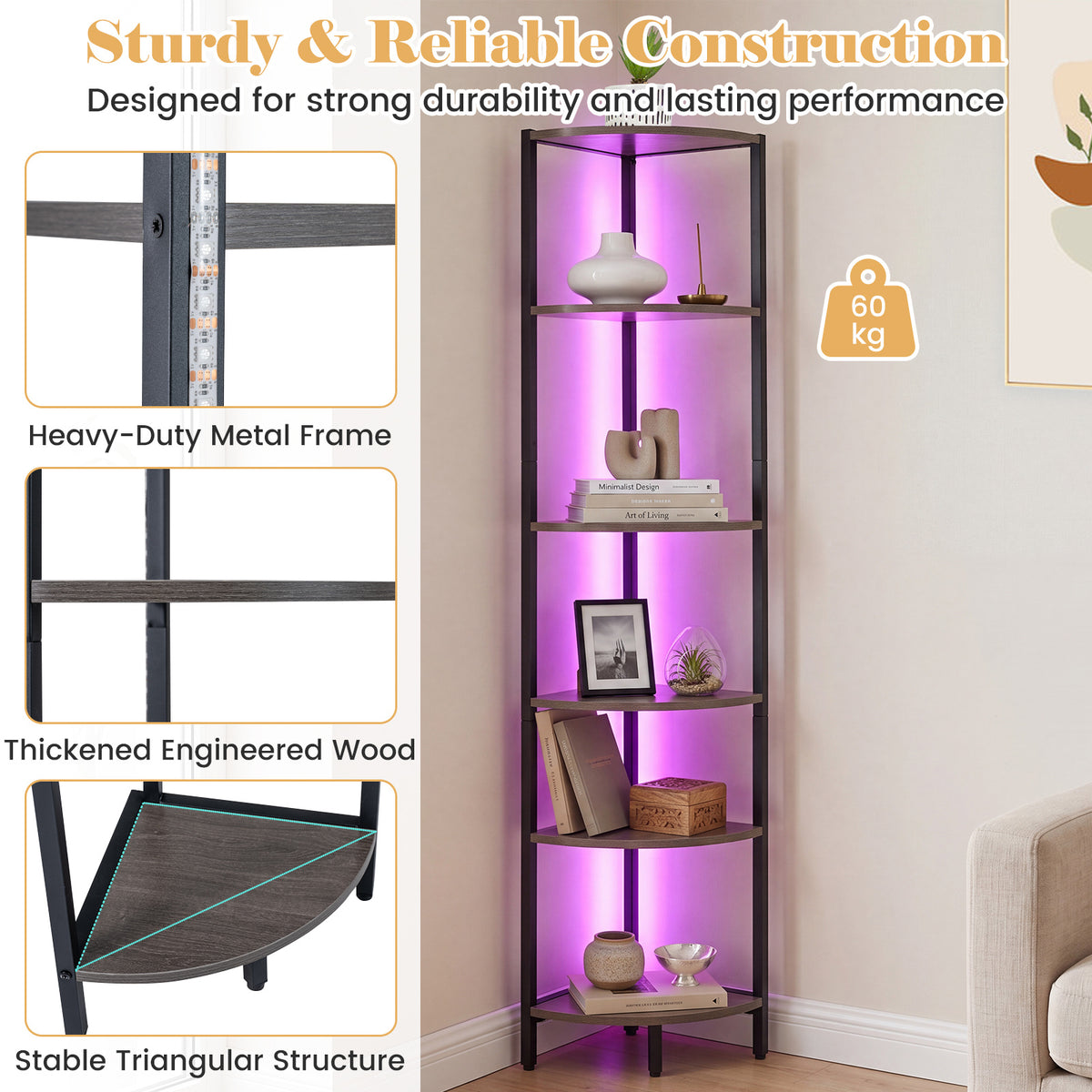 6-Tier Corner Shelf 68 inch Tall Narrow Display Bookshelf with LED Lights-Grey