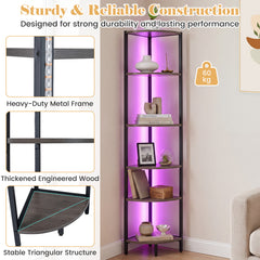6-Tier Corner Shelf 68 inch Tall Narrow Display Bookshelf with LED Lights-Grey
