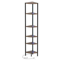 6-Tier Corner Shelf 68 inch Tall Narrow Display Bookshelf with LED Lights-Rustic Brown