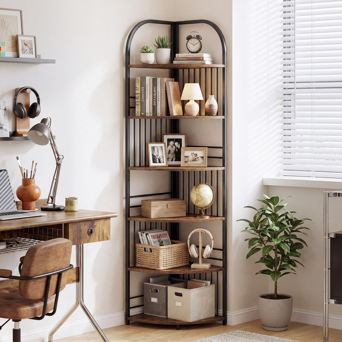 6-Tier Corner Shelf Tall Freestanding Corner Bookshelf with Heavy-duty Metal Frame-Brown