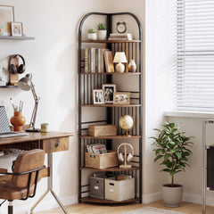 6-Tier Corner Shelf Tall Freestanding Corner Bookshelf with Heavy-duty Metal Frame-Brown