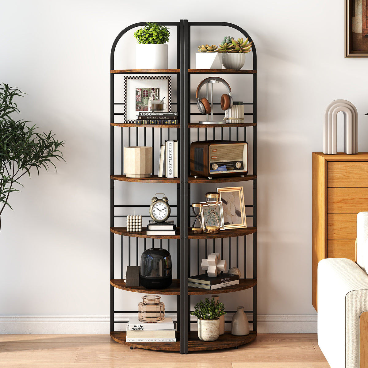 6-Tier Corner Shelf Tall Freestanding Corner Bookshelf with Heavy-duty Metal Frame-Brown