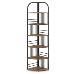 6-Tier Corner Shelf Tall Freestanding Corner Bookshelf with Heavy-duty Metal Frame-Brown