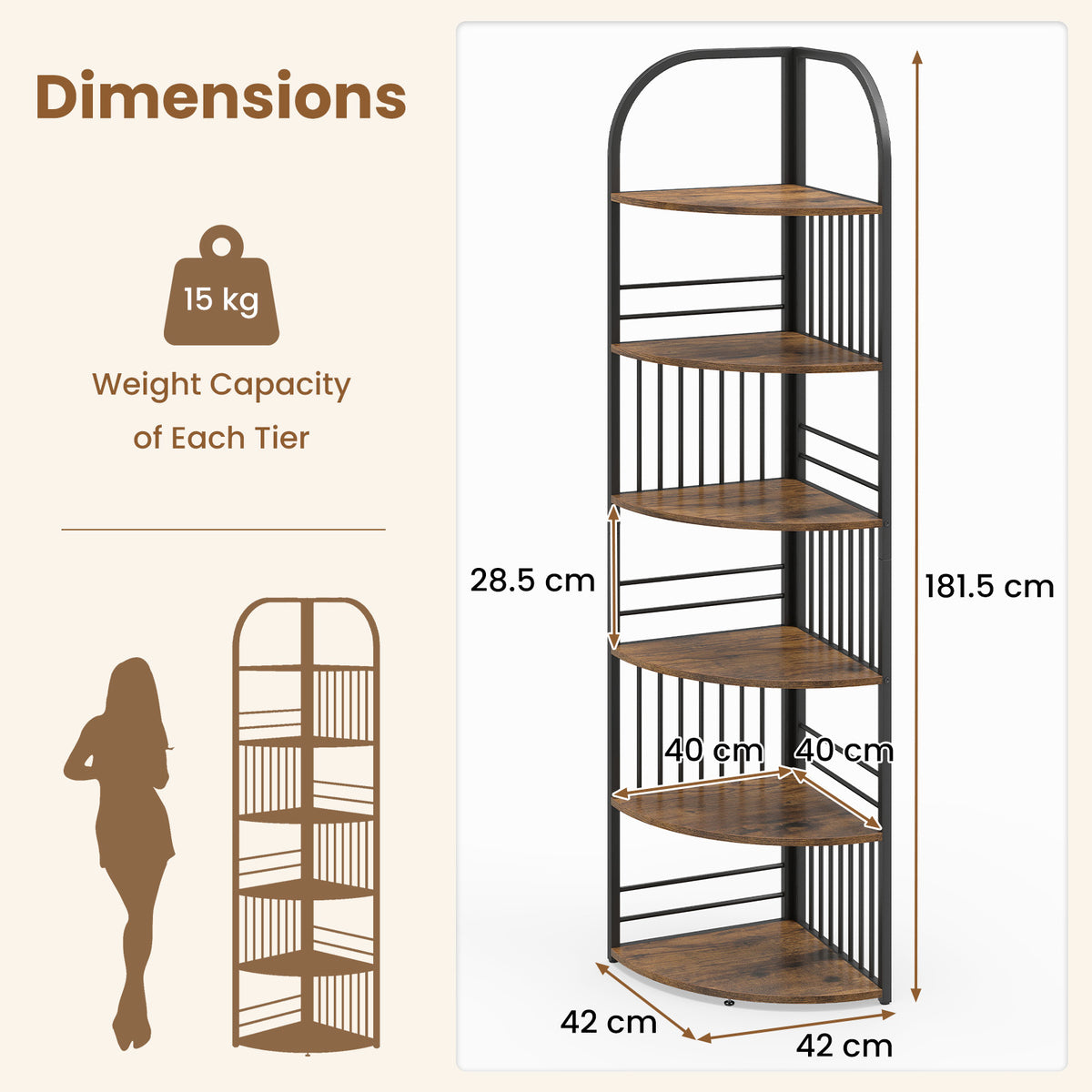 6-Tier Corner Shelf Tall Freestanding Corner Bookshelf with Heavy-duty Metal Frame-Brown
