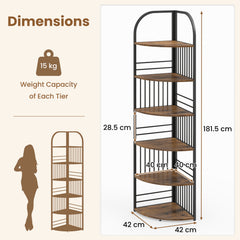 6-Tier Corner Shelf Tall Freestanding Corner Bookshelf with Heavy-duty Metal Frame-Brown