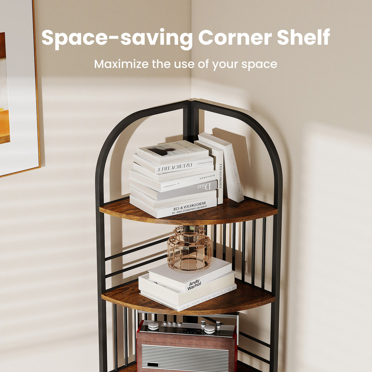 6-Tier Corner Shelf Tall Freestanding Corner Bookshelf with Heavy-duty Metal Frame-Brown