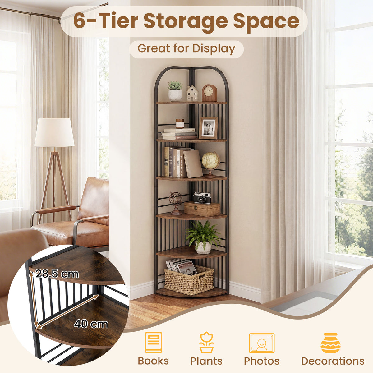 6-Tier Corner Shelf Tall Freestanding Corner Bookshelf with Heavy-duty Metal Frame-Brown
