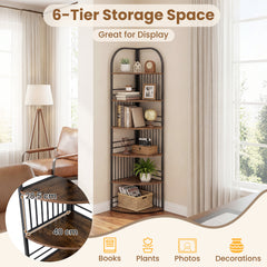 6-Tier Corner Shelf Tall Freestanding Corner Bookshelf with Heavy-duty Metal Frame-Brown